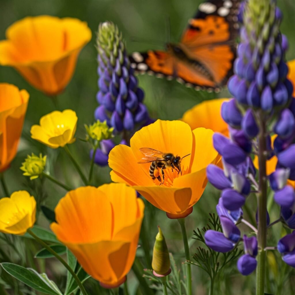 Bee on vibrant native wildflowers.