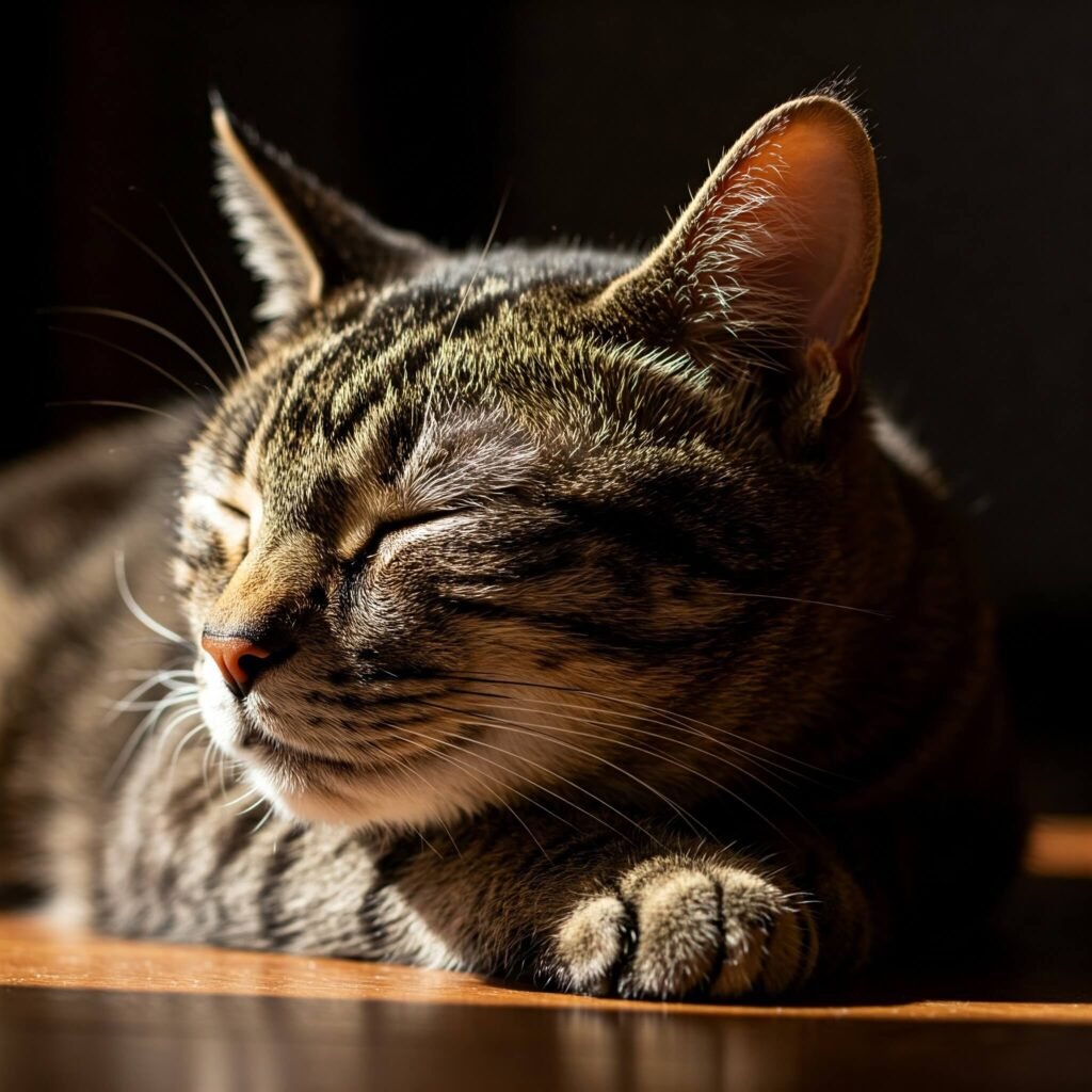 Tabby cat napping in the sun