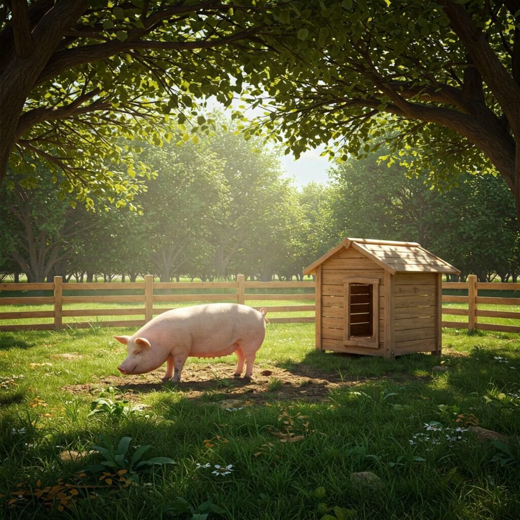 Happy pig in outdoor enclosure