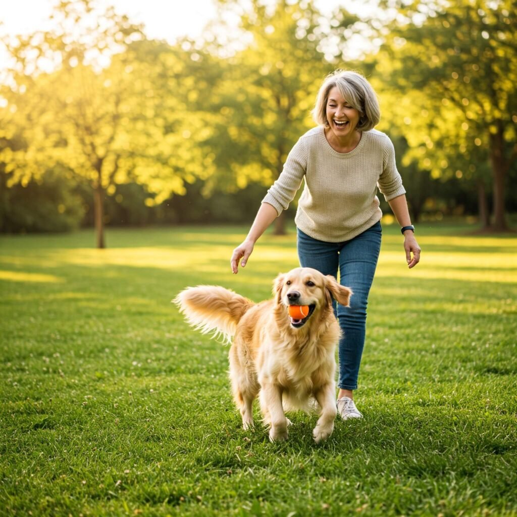 Happy pet owner playing with dog outdoors.