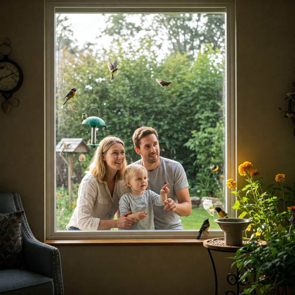 Family watching birds in backyard.