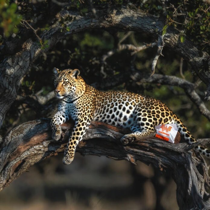 Leopard lounging on oak branch with Whataburger wrapper, hazy sunset view. Leopard lounging on oak branch with Whataburger wrapper, hazy sunset view.