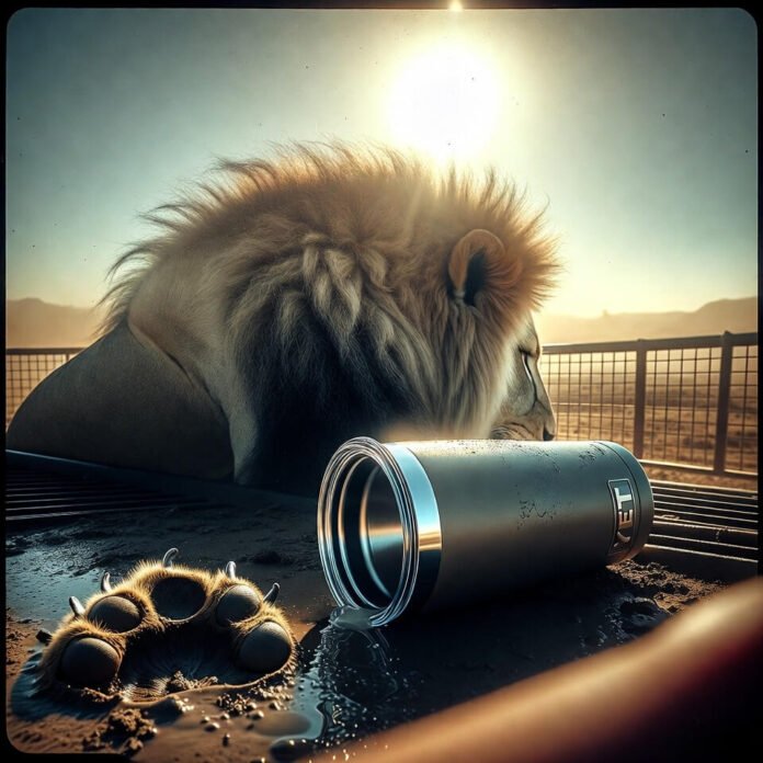 Lion intently sniffing tipped-over Yeti tumbler in mud. Lion intently sniffing tipped-over Yeti tumbler in mud.