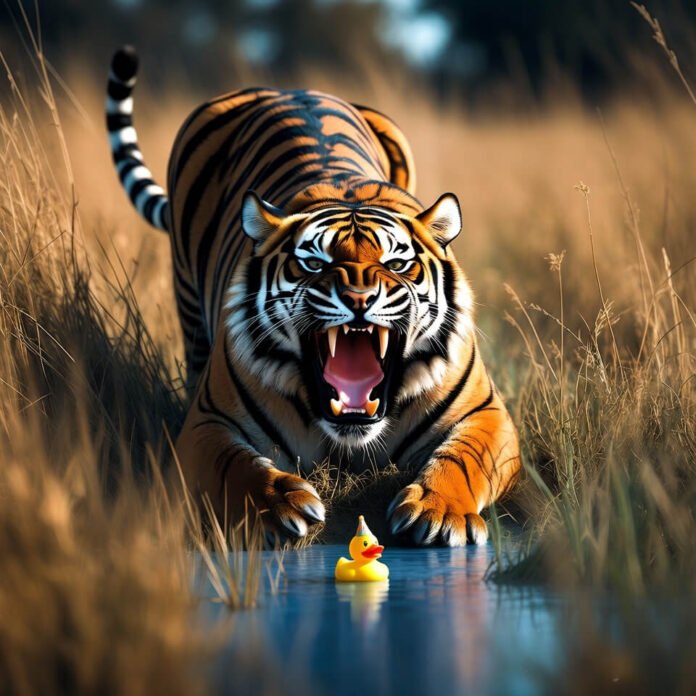 Tiger roaring at quirky rubber duck in puddle