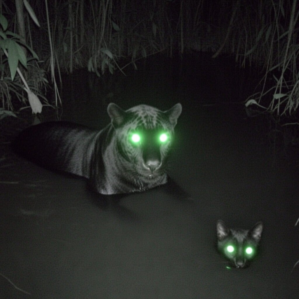 Grainy trail cam of black jaguar half-submerged with glowing green eyes.