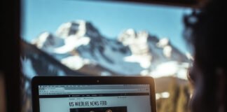 Wildlife News Updates That Affect Tigers, Lions, and Leopards Laptop showing big cat news with snowy mountain reflection.