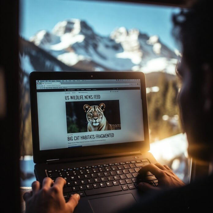 Laptop showing big cat news with snowy mountain reflection. Laptop showing big cat news with snowy mountain reflection.