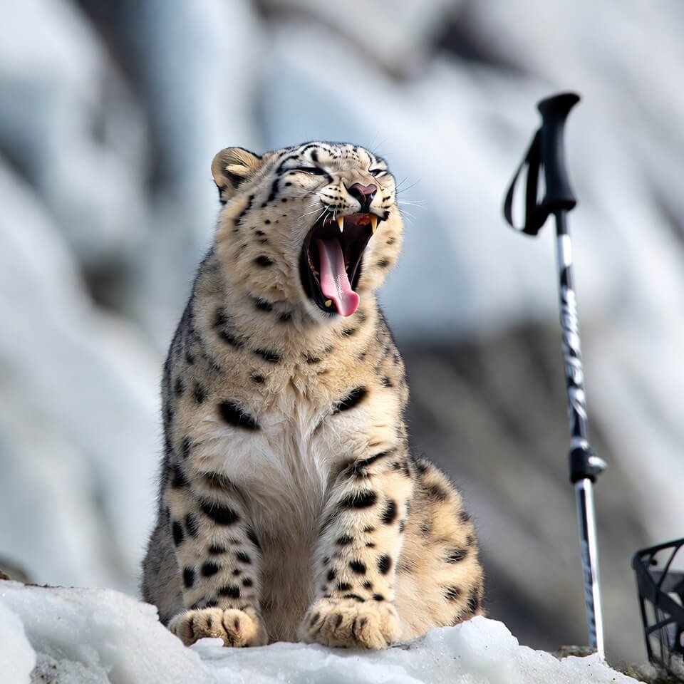 Snow leopard yawning on icy ledge beside abandoned ski pole.