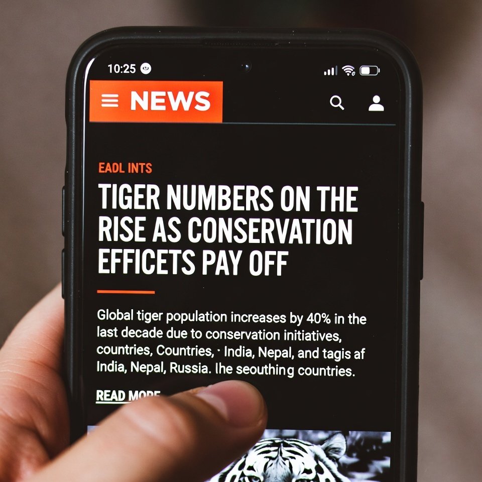 Phone screen with tiger numbers rising headline, thumb blocking text.