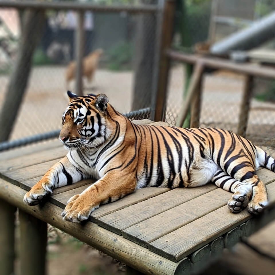 Zoo tiger lounging sideways on wooden deck, casual vibe