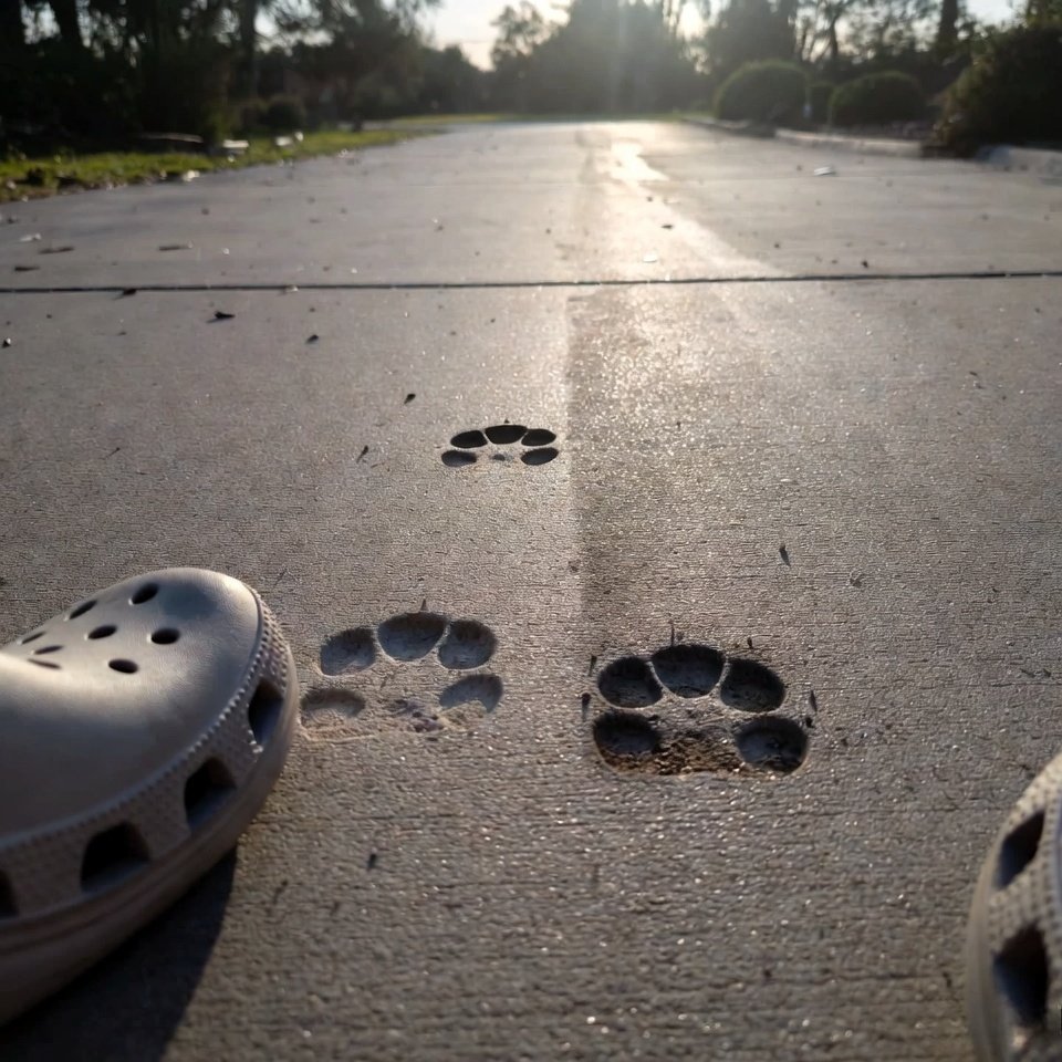 Coyote paw prints on dewy driveway with Crocs for scale.