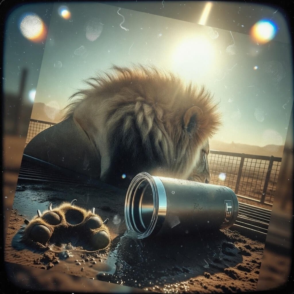 Off-kilter lion portrait with sun flare and fingerprint smudge.