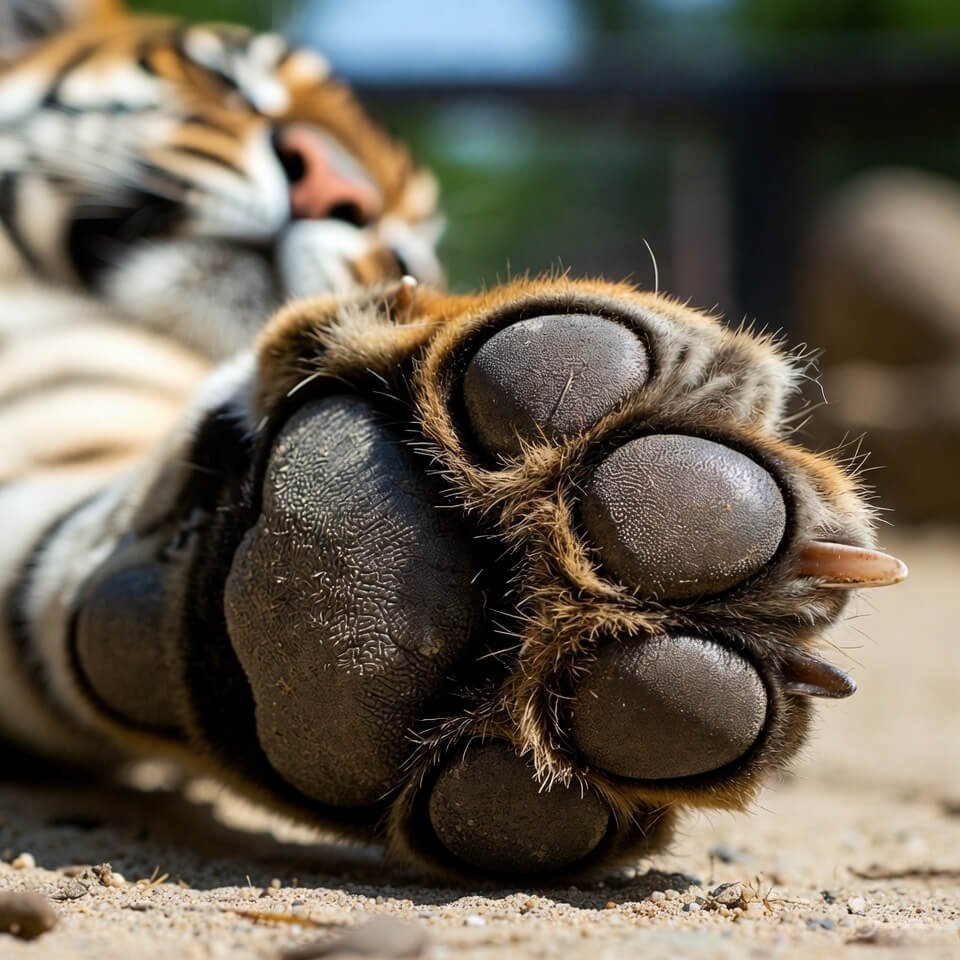 Close-up of tiger paw pads from low angle