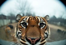 50 Stunning Big Cats Pics Captured at the Perfect Moment Close-up tiger face through zoo glass, fisheye view