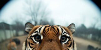 50 Stunning Big Cats Pics Captured at the Perfect Moment Close-up tiger face through zoo glass, fisheye view