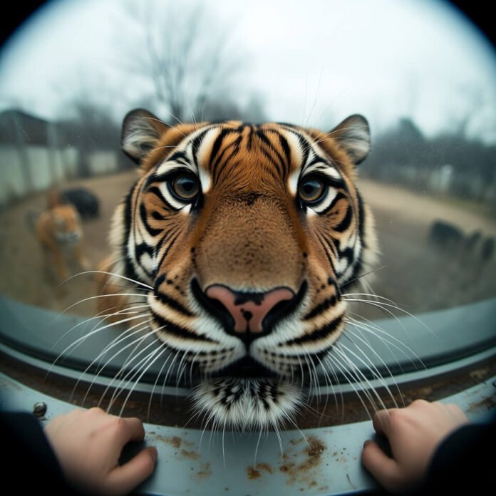 Close-up tiger face through zoo glass, fisheye view