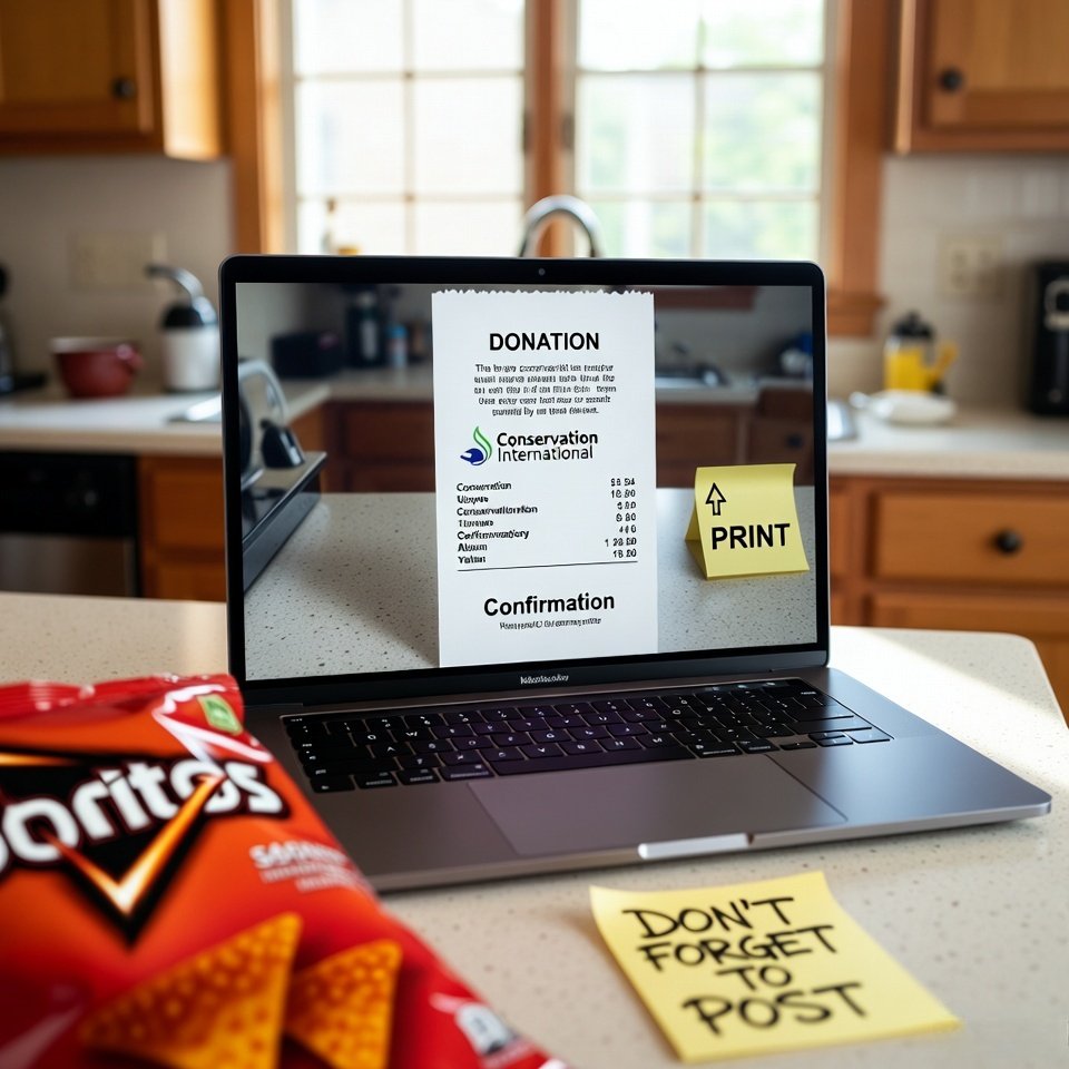 Laptop donation receipt, Doritos, and "DON'T FORGET TO POST" note