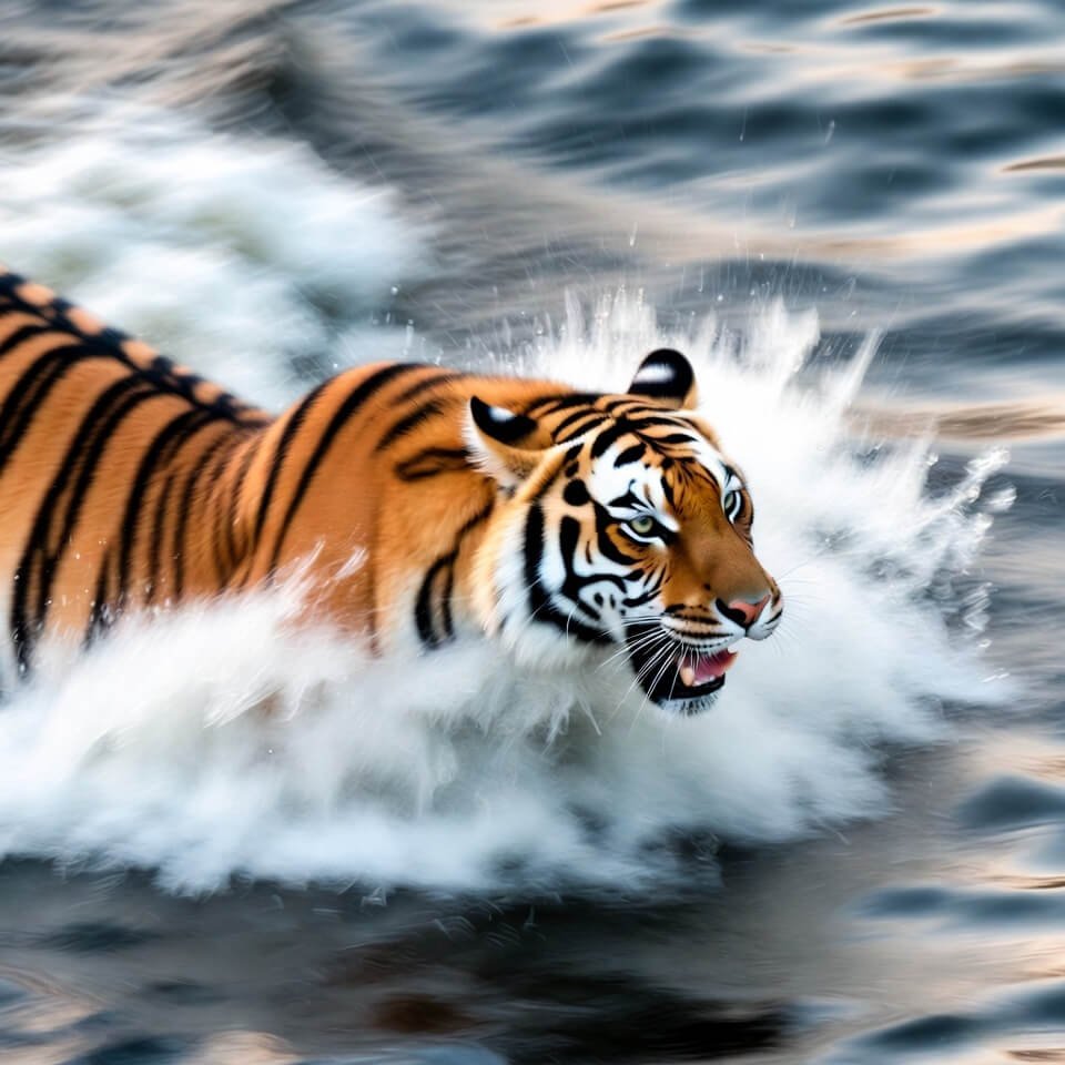 Blurry tiger swimming with water splashing around