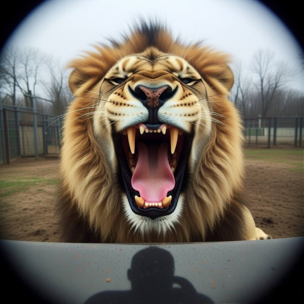 Lion yawning wide, shadow of photographer at bottom