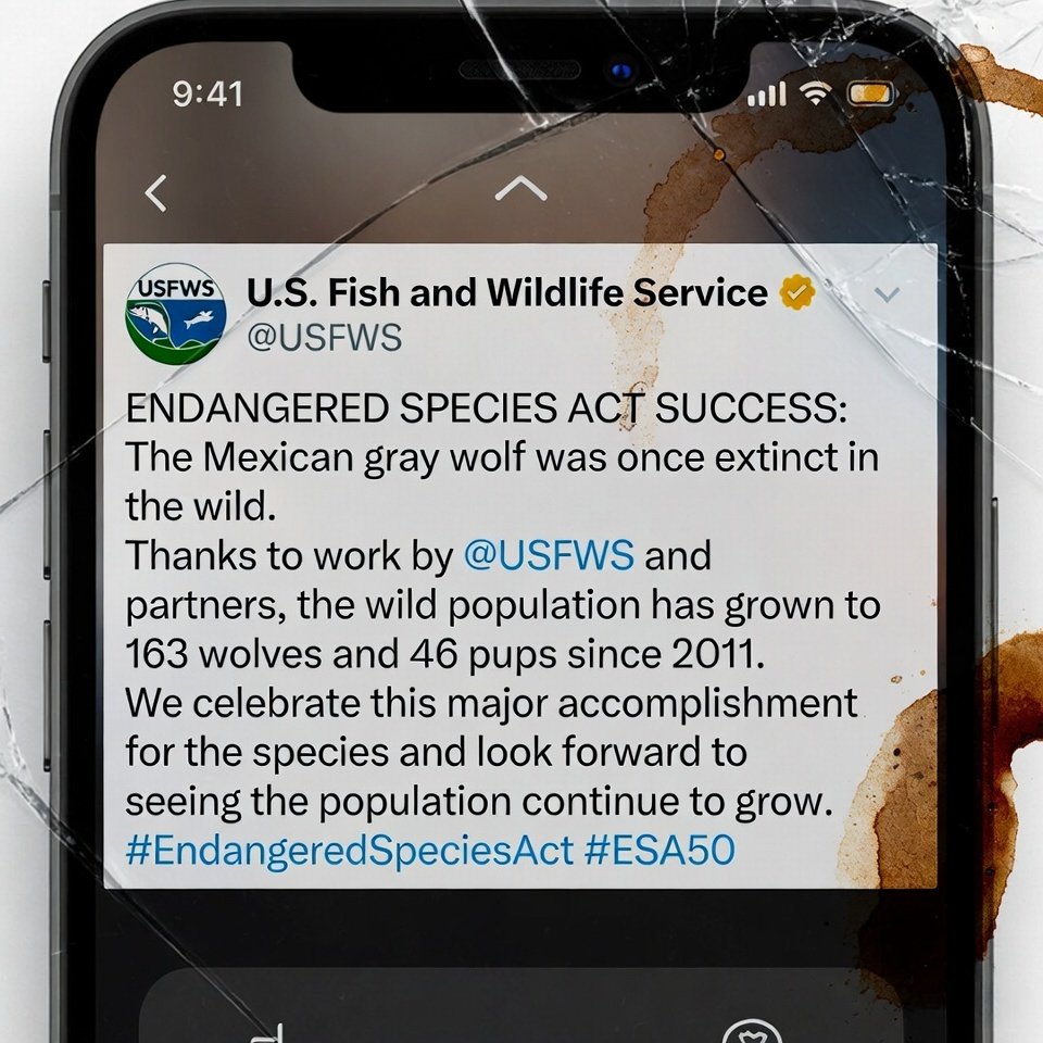 Cracked phone showing USFWS wolf recovery tweet with coffee stain