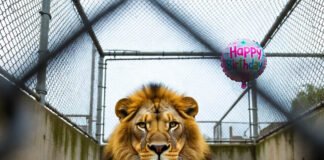 Big Cats Care Myths That Are Hurting Wildlife Tired lion with sippy cup and deflated birthday balloon