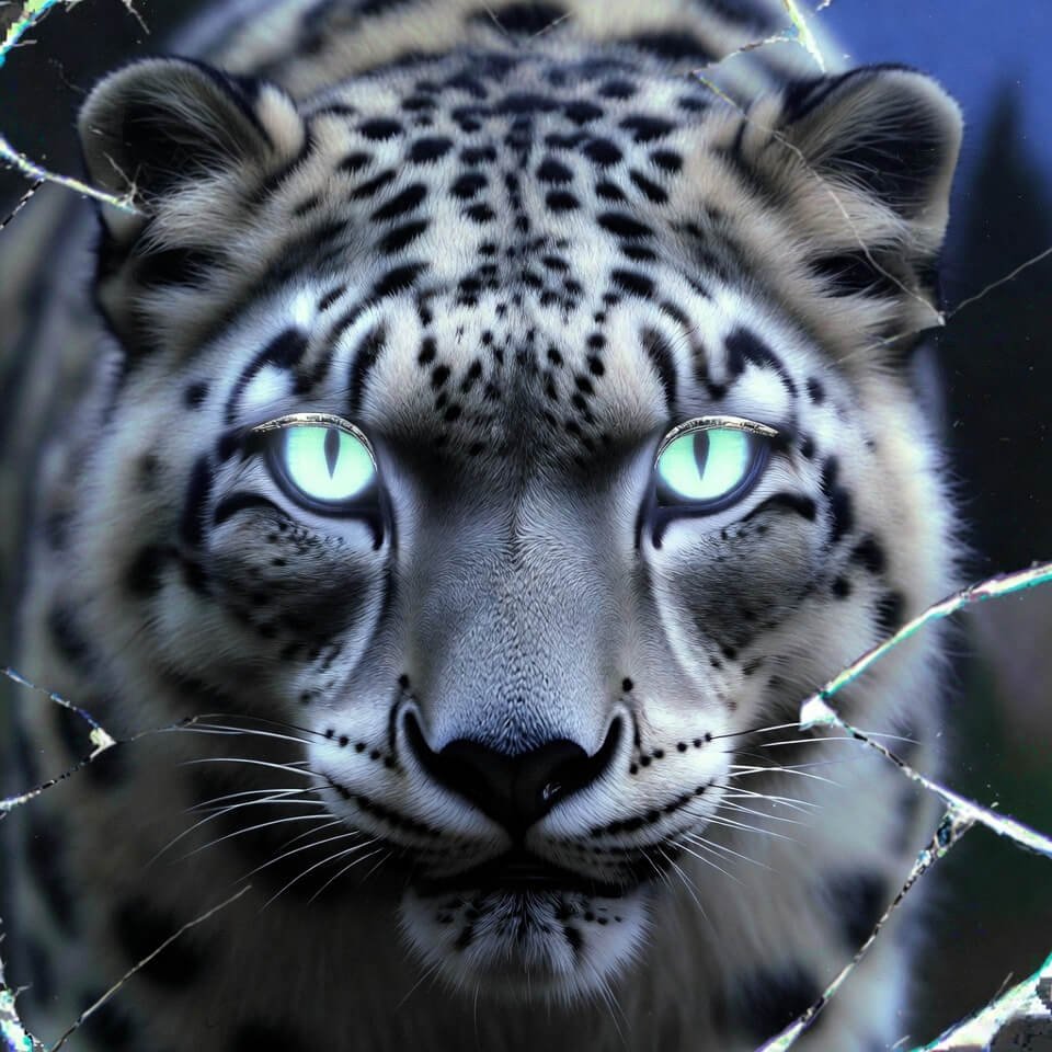Close-up snow leopard with glowing LED-like blue eyes through cracked screen