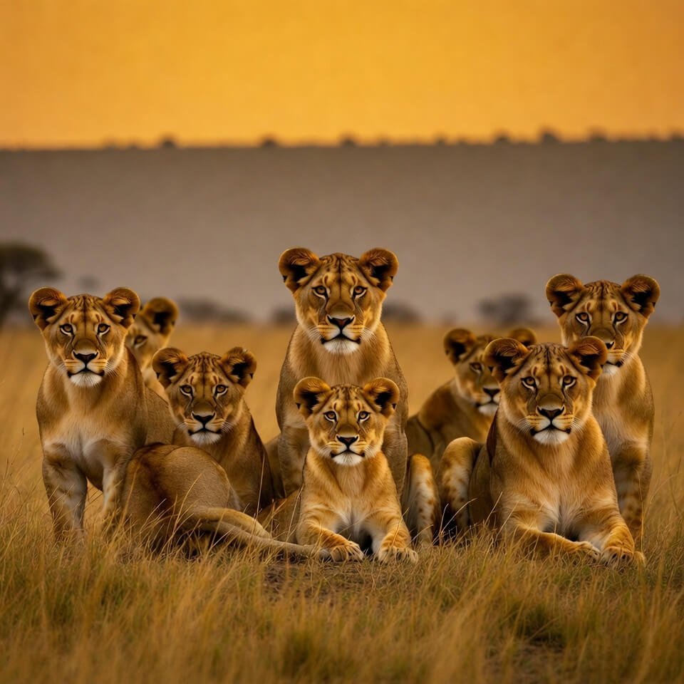 Lion pride in golden savanna sunset, one cub staring directly at camera