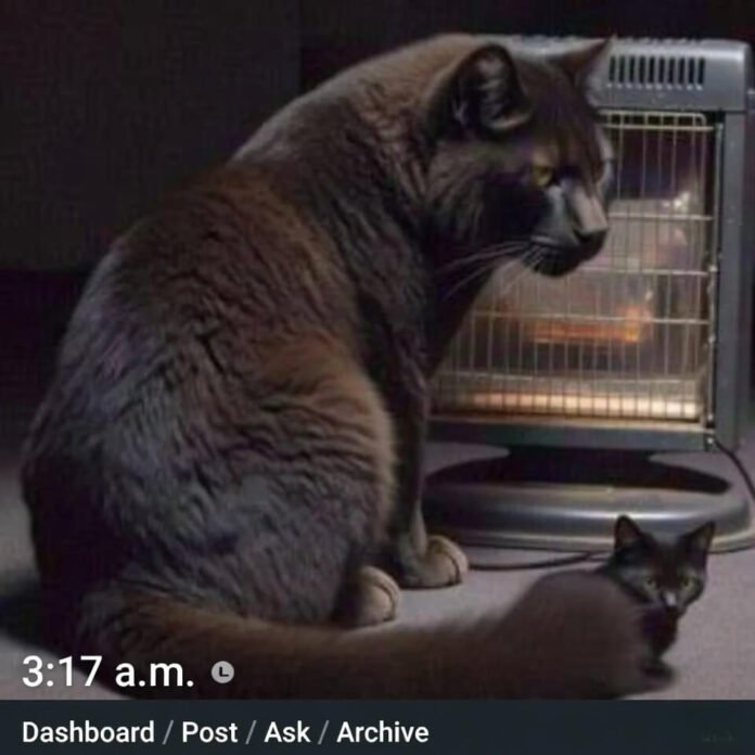 Judgmental cat stares at owner by glowing space heater at 3:17 a.m.